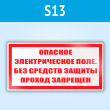 Знак (плакат) «Опасное электрическое поле. Без средств защиты проход запрещен», S13 (пластик, 200х100 мм)